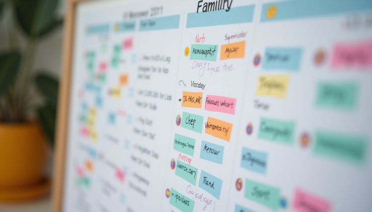 Close-up of a family calendar with color-coded events and notes