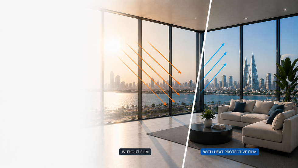 Solar-control window film applied to glass to reduce heat, glare and UV exposure while maintaining visibility.