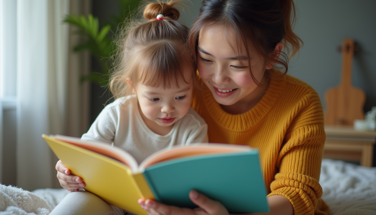 Close-up view of a parent and child reading a colorful picture book together