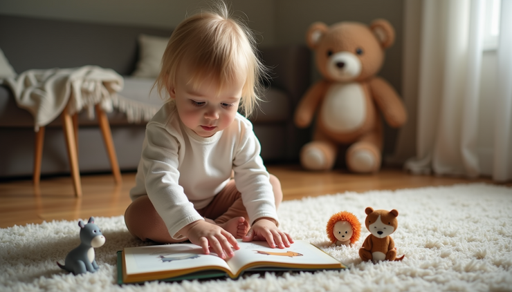 Eye-level view of a toddler holding a colorful animal toy while sitting on a carpet with an open picture book