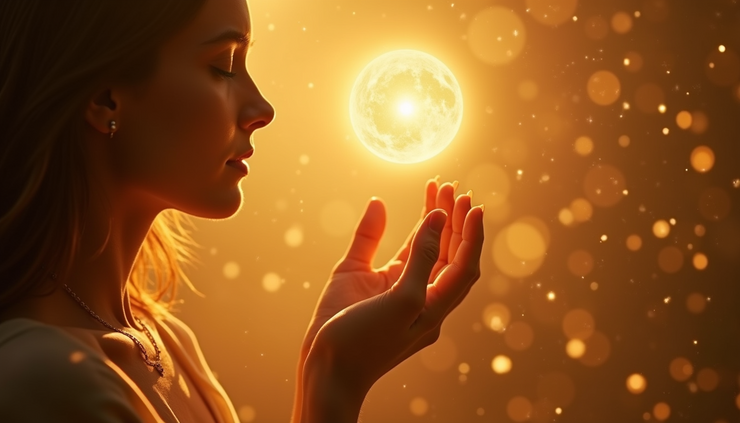 Eye-level view of a woman holding a glowing orb of light at her crown chakra surrounded by divine golden light