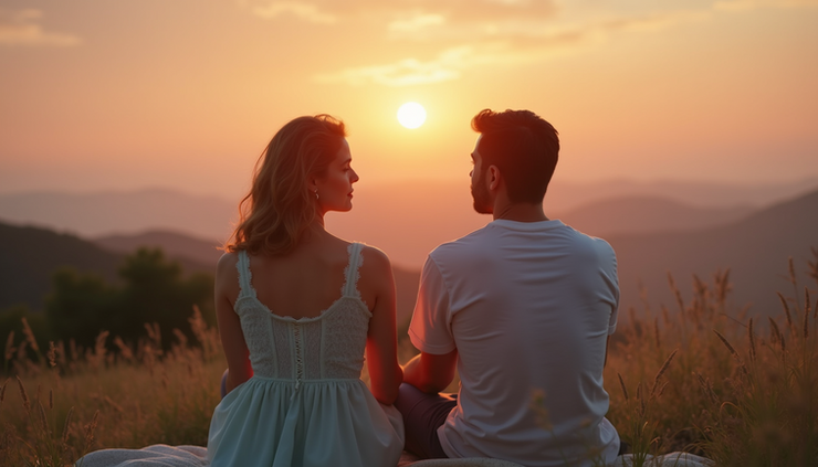 Eye-level view of a couple sitting peacefully together at sunset with soft rose and teal tones, light shining between their hands