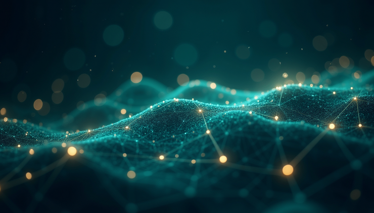 Close-up view of glowing teal lunar nodes connected by golden threads across a night sky filled with constellations