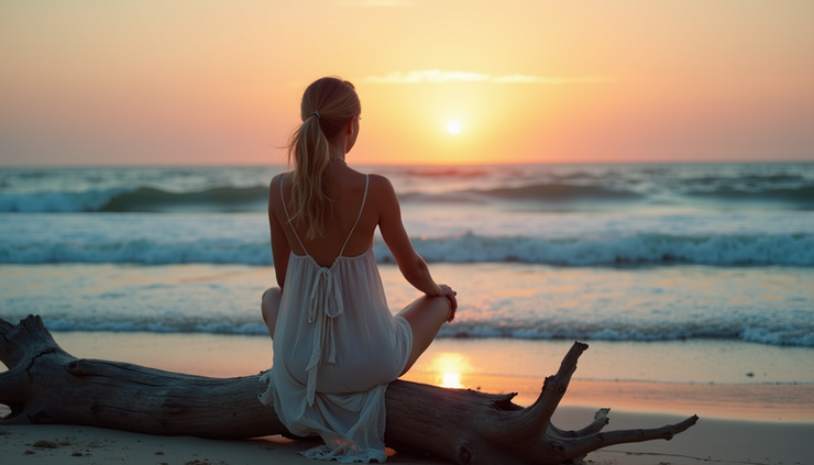 Eye-level view of a woman sitting on driftwood gazing at sunset waves surrounded by soft rose and teal light symbolizing healing and rebirth