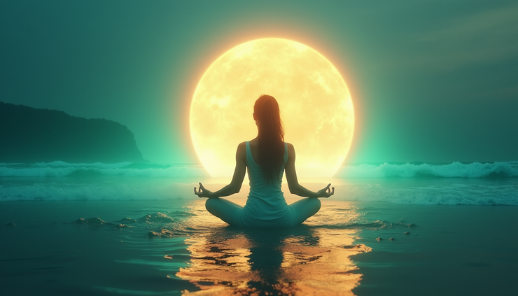 Eye-level view of a woman meditating by the ocean surrounded by a glowing teal aura inside a golden bubble of light