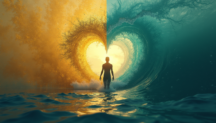 Eye-level view of a human silhouette split between golden logic patterns and teal waves of intuition merging at the heart