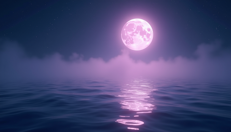Eye-level view of moonlight reflecting over rippling ocean mist with soft violet light and stars