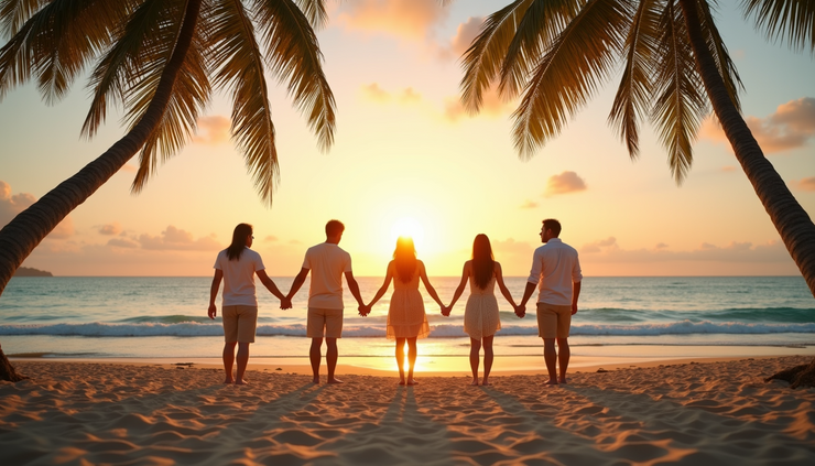 Eye-level view of a group of people forming a circle on a tropical beach at sunrise, holding hands in soft golden light with a teal ocean and palm trees nearby