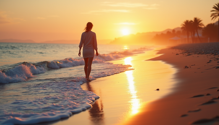 Eye-level view of a person walking along a glowing shoreline with waves gently erasing footprints as sunlight rises