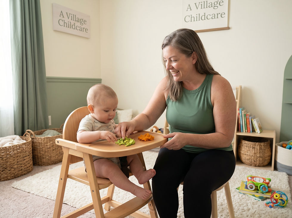Baby exploring soft first foods with a childcare provider in a cozy A Village Childcare infant area.