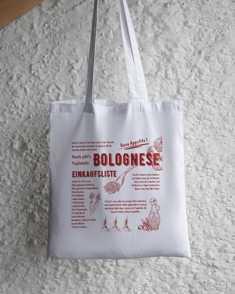 Weiße Einkaufstasche mit rotem "Bolognese"-Aufdruck und Einkaufsliste