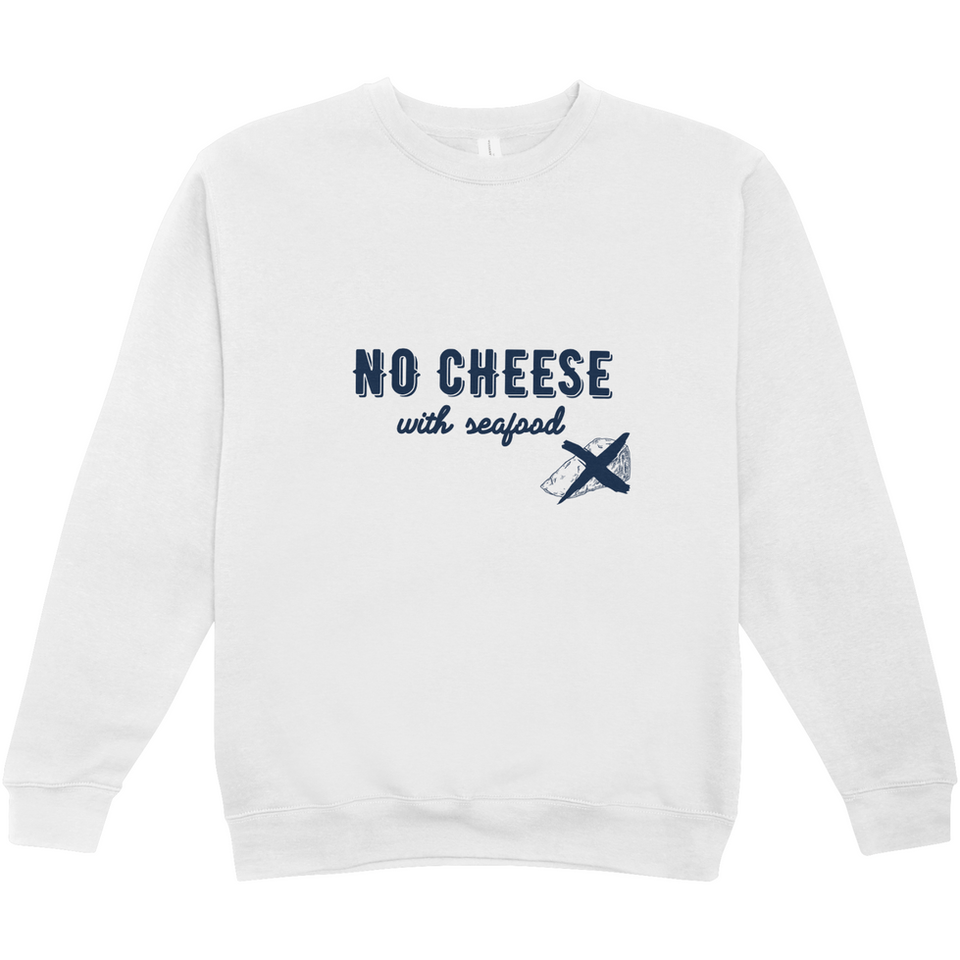 Weißer Sweatshirt mit Aufdruck "NO CHEESE with seafood"