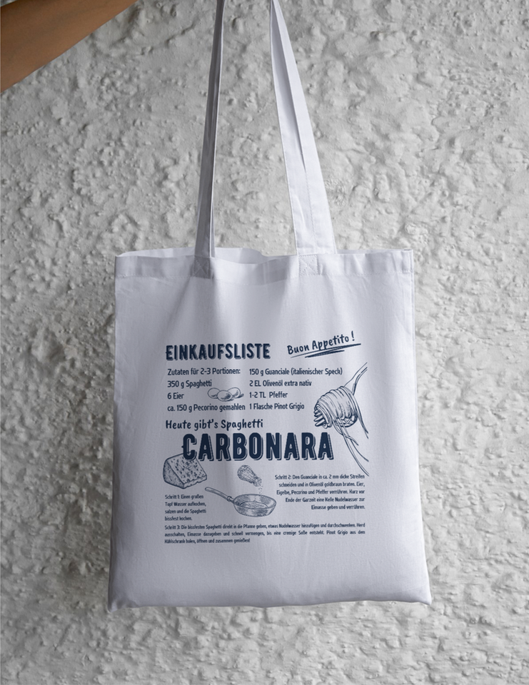 Weiße Einkaufstasche mit Carbonara-Rezept