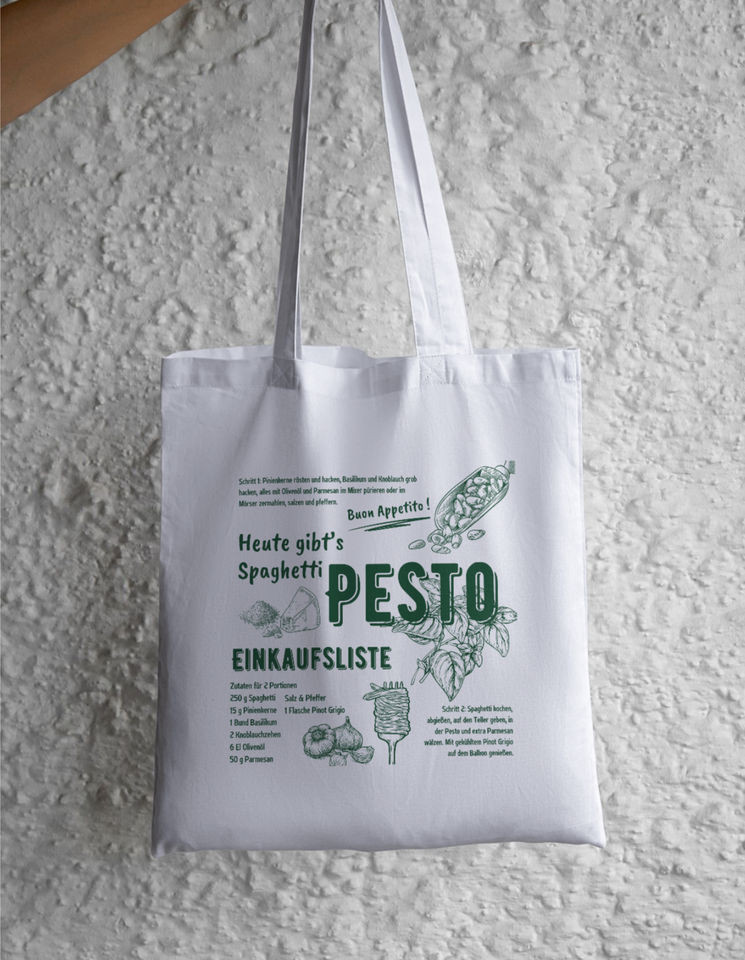 Weiße Stofftasche mit grünem Pesto-Einkaufslisten-Aufdruck