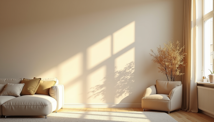 Eye-level view of a living room wall painted in soft beige with natural light
