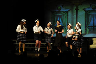 The Von Trapp children (Elyssa Vega, Claire Sonne, Sarah Culbreth, Liliana Billings, Mary Coleman, McKinley Wood, and Michelle Mulvaney) dance with new governess Maria (Peyton Wood). They are in a circle marching.