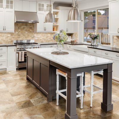 Farmhouse Kitchen Cabinets, White Cabinets, Vicostone Quart Countertop, Stained Cabinet, Island, Tile Flooring.jpg