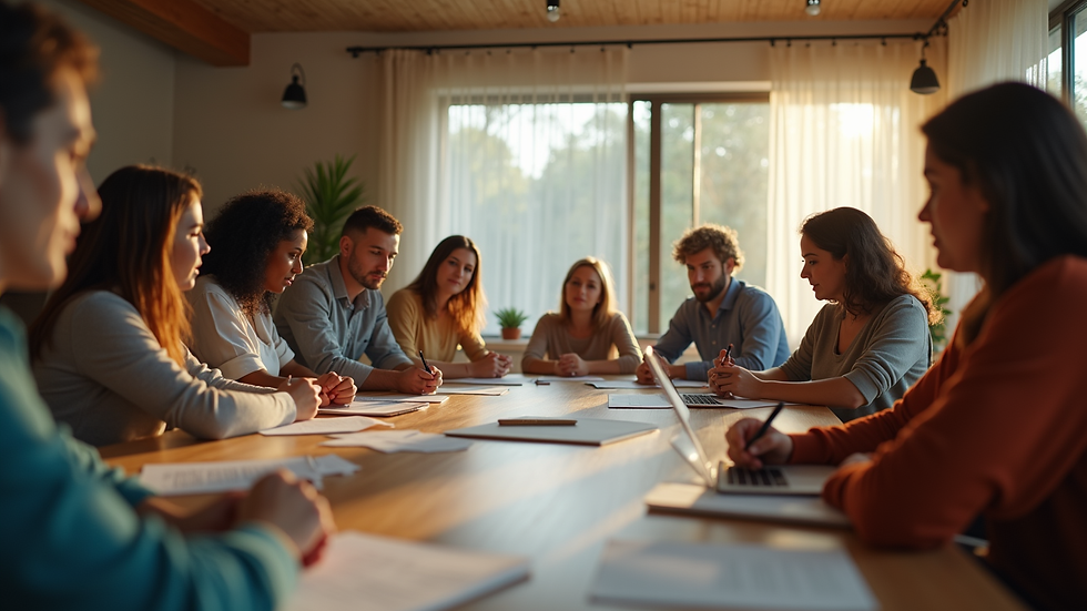 Eye-level view of a community workshop with people gathered around a table