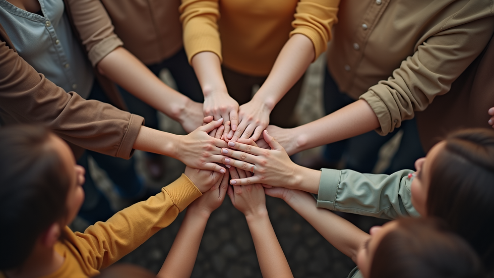 High angle view of a circle of people holding hands in a community gathering