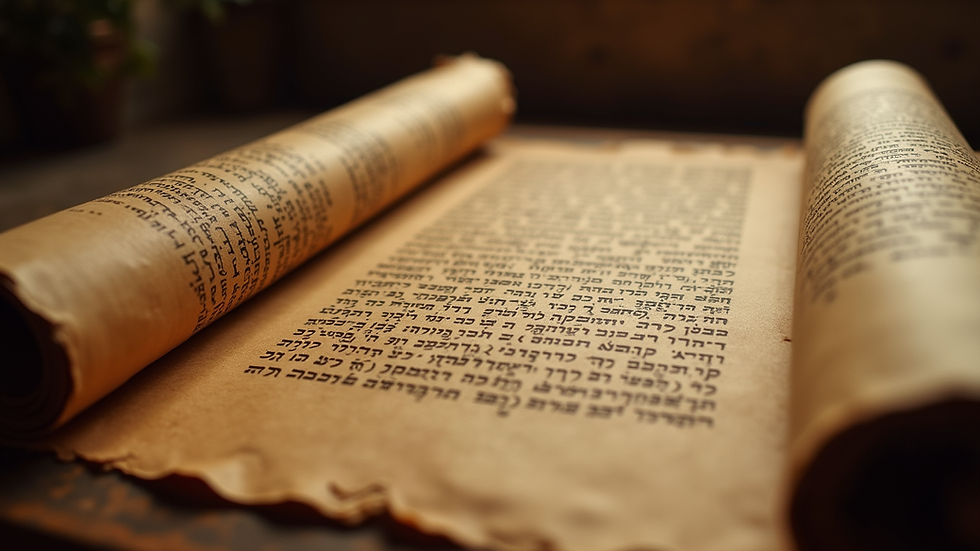 Eye-level view of an ancient scroll with Hebrew text
