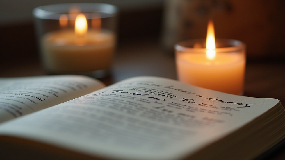 Close-up view of a journal with handwritten reflections beside a lit candle