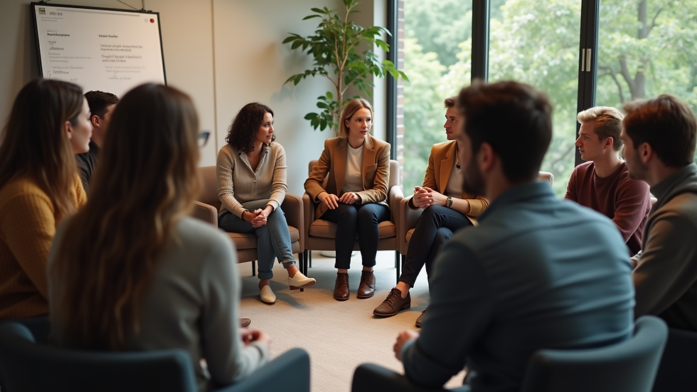 Wide angle view of a diverse group gathered in a circle for discussion