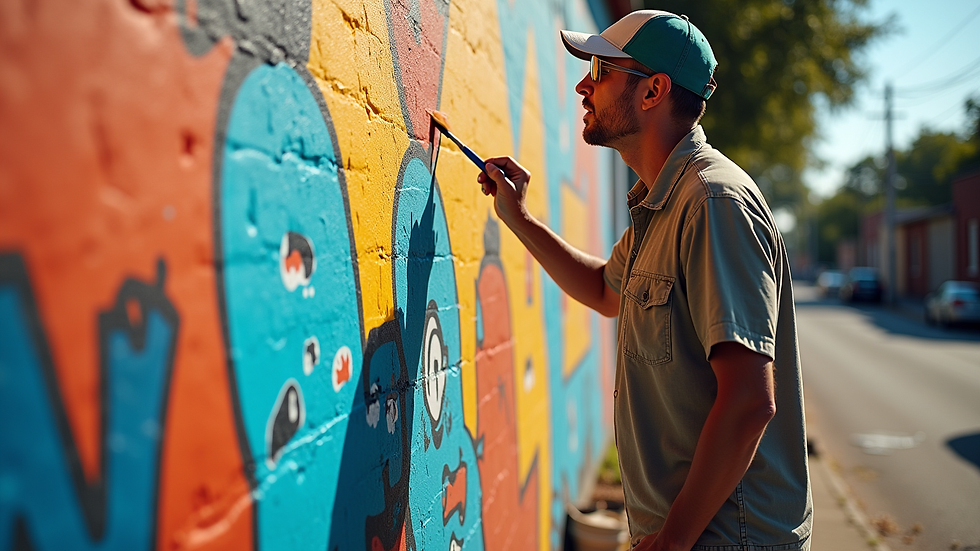 High angle view of a community mural being painted outdoors