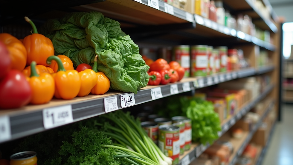 Close-up view of a food pantry shelf stocked with fresh vegetables and canned goods