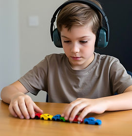 Special needs caregiver supporting an autistic preteen by offering noise-canceling headphones, helping him regulate sensory input while enjoying playtime with toy cars in a calm, structured home environment.