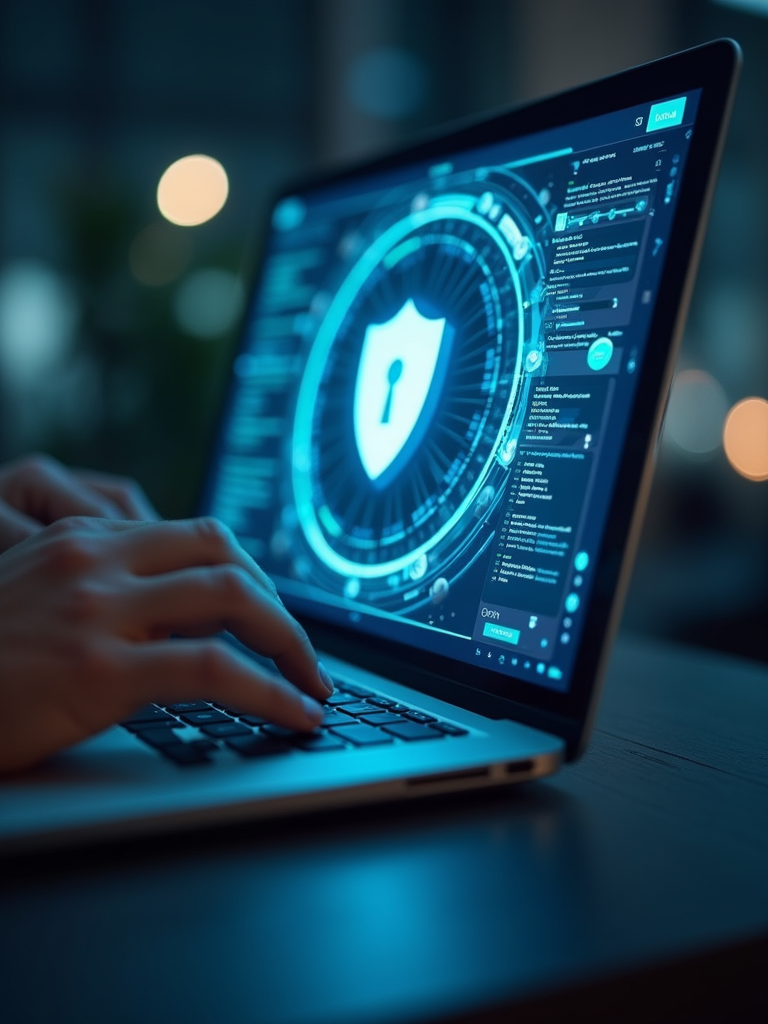 A person using a laptop with a shield icon overlayed, representing online security and pro