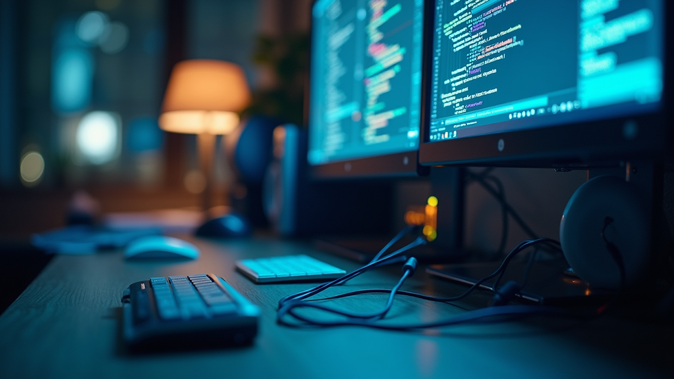 Eye-level view of a computer workstation with backup drives and security software on screen