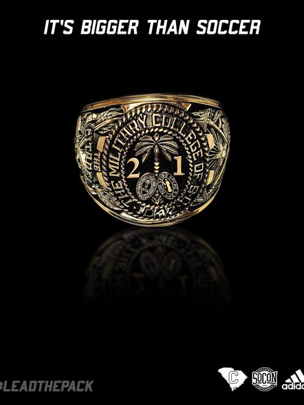 A graphic showing a large ring with for The Citadel with 21 on it for the graduating class of 2021. The graphic reads "It's bigger than soccer" at the top.