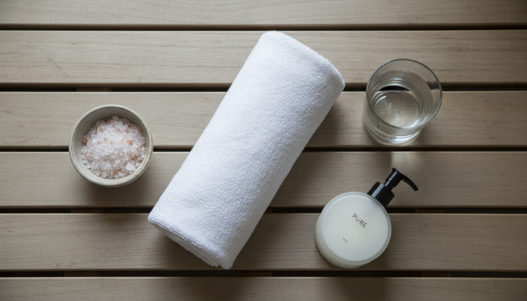 Overhead view of a towel, glass of water, and simple moisturizer beside a sauna bench