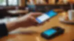 Close-up view of a person interacting with a mobile payment application in a café