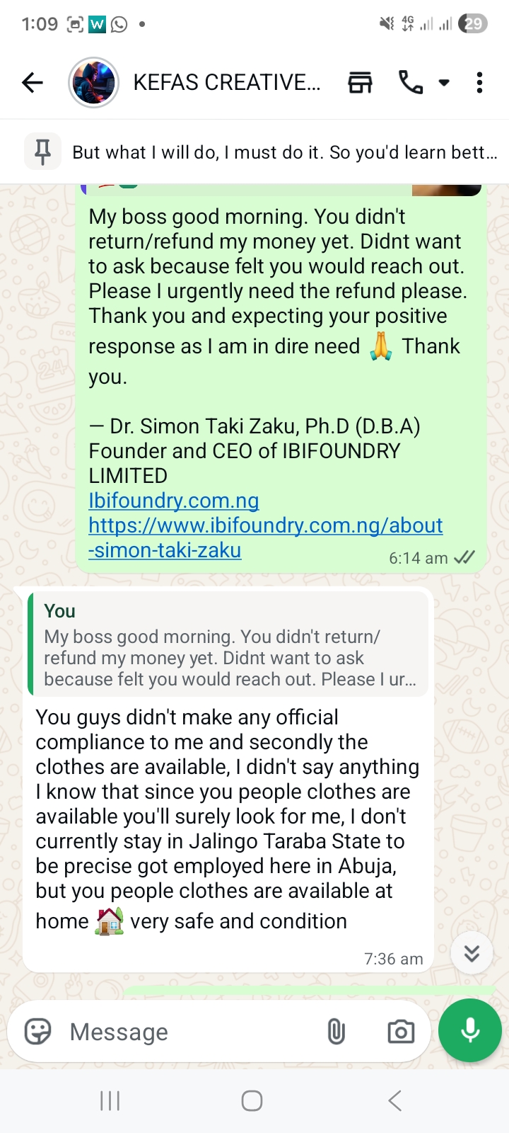Original June 2026 IBIFOUNDRY Wix Media WhatsApp testimonial screenshot preserved as an anonymous historical feedback artifact