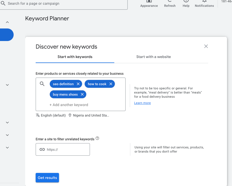 After 'Discover New Keywords', insert your target keywords in the empter box and use the comma sign after each keyword