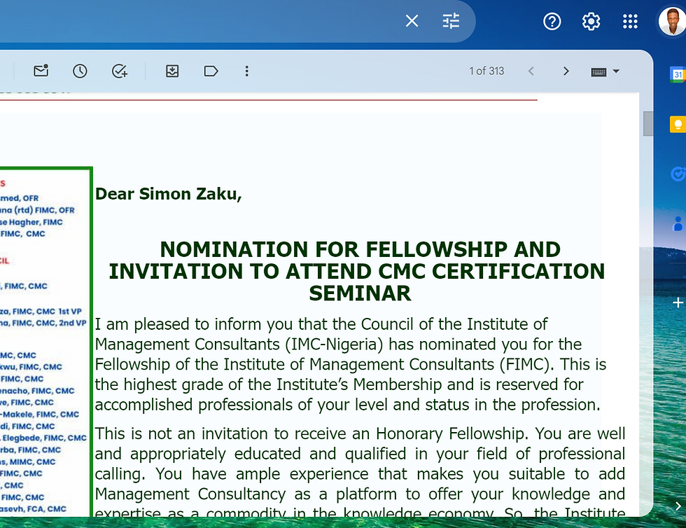 Invitation from IMCN for the FIMC to Simon Zaku as a Professional SEO Consultant