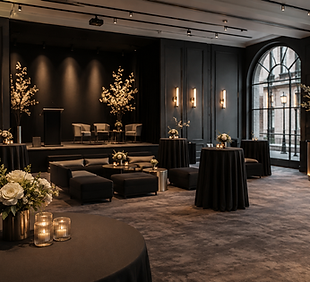Corporate Events – left image: Modern corporate event space with cocktail tables and warm ambient lighting.