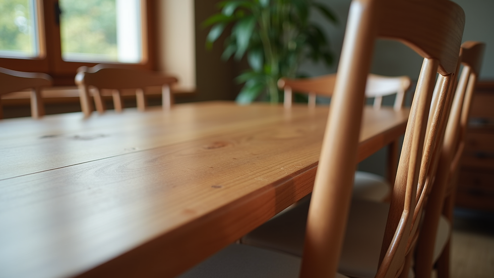 Close-up view of a handcrafted wooden dining table with elegant chairs