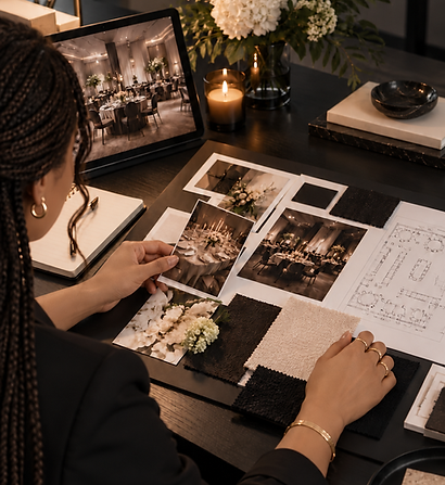 Lady sitting on a desk planning an event.