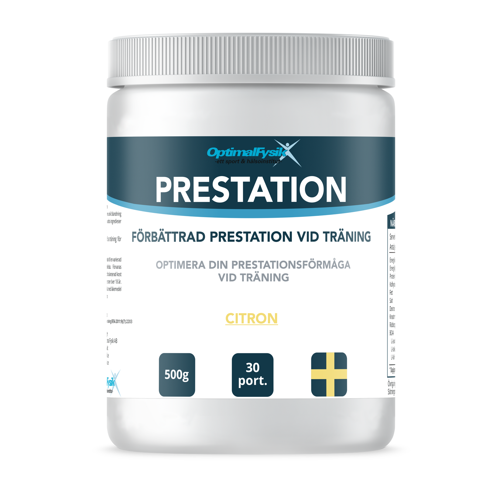 Produktbilder på kosttillskott Prestation i Optimal Fysiks e-handel (innehållsförteckning)