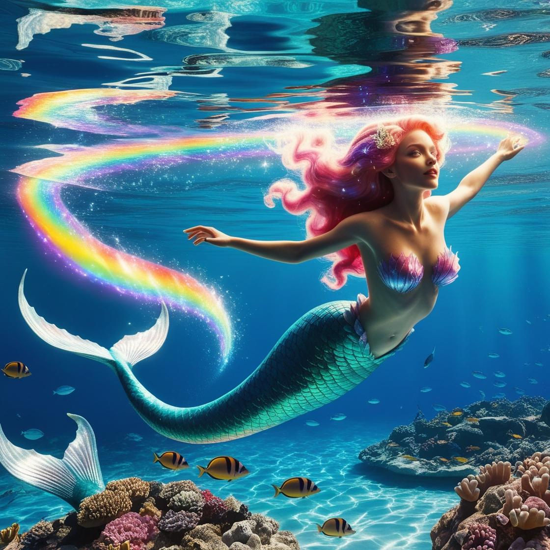 A mermaid swimming underwater surrounded by a rainbow