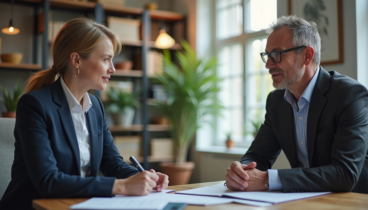 Eye-level view of a financial advisor explaining indexed universal life insurance to a client