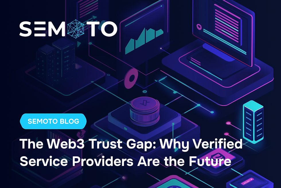 A professional 2D vector illustration showcasing trust and security in Web3. The image features a futuristic blockchain-powered verification system, with service providers receiving checkmarks and verified reviews. A dark navy background with glowing neon blue and purple UI elements highlights the high-tech, security-focused approach of Semoto in vetting Web3 service providers.