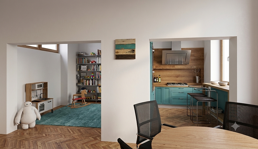 Dutch eclectic home full interior design bathroom kitchen renovation 3D visualisation
