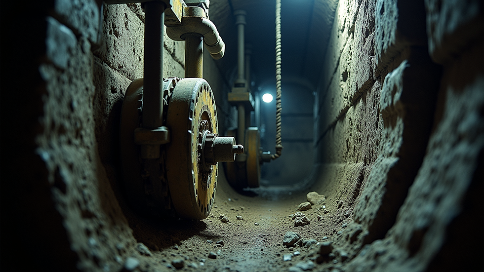 Eye-level view of mine hoist drum and steel cables in underground mine