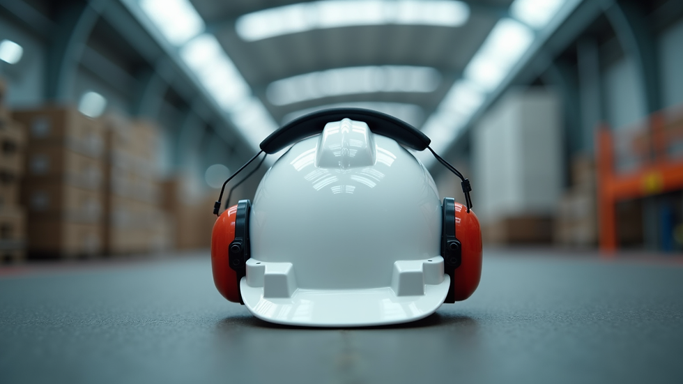 Eye-level view of a white industrial hard hat with attached earmuffs