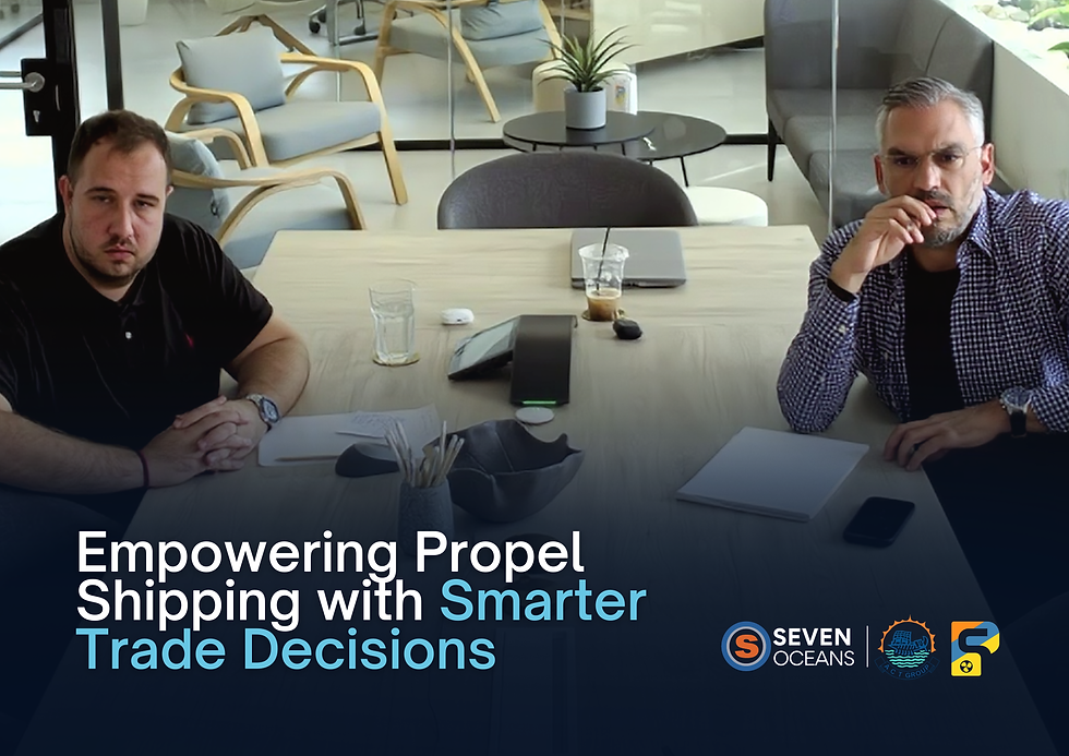 Two men sit at a modern conference table, engaged in discussion. Text reads "Empowering Propel Shipping with Smarter Trade Decisions." By Seven Oceans (SOC).