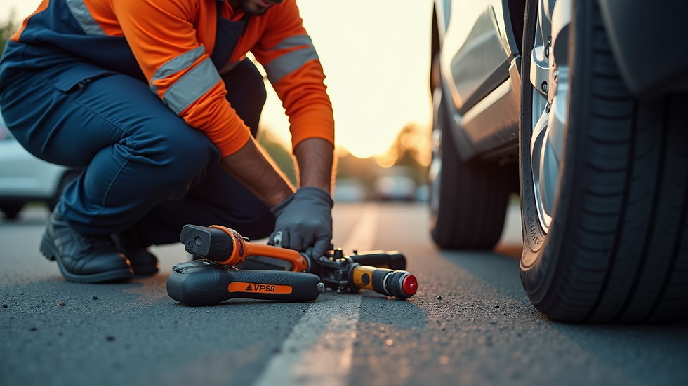 Close-up view of a roadside assistance technician preparing tools beside a vehicle