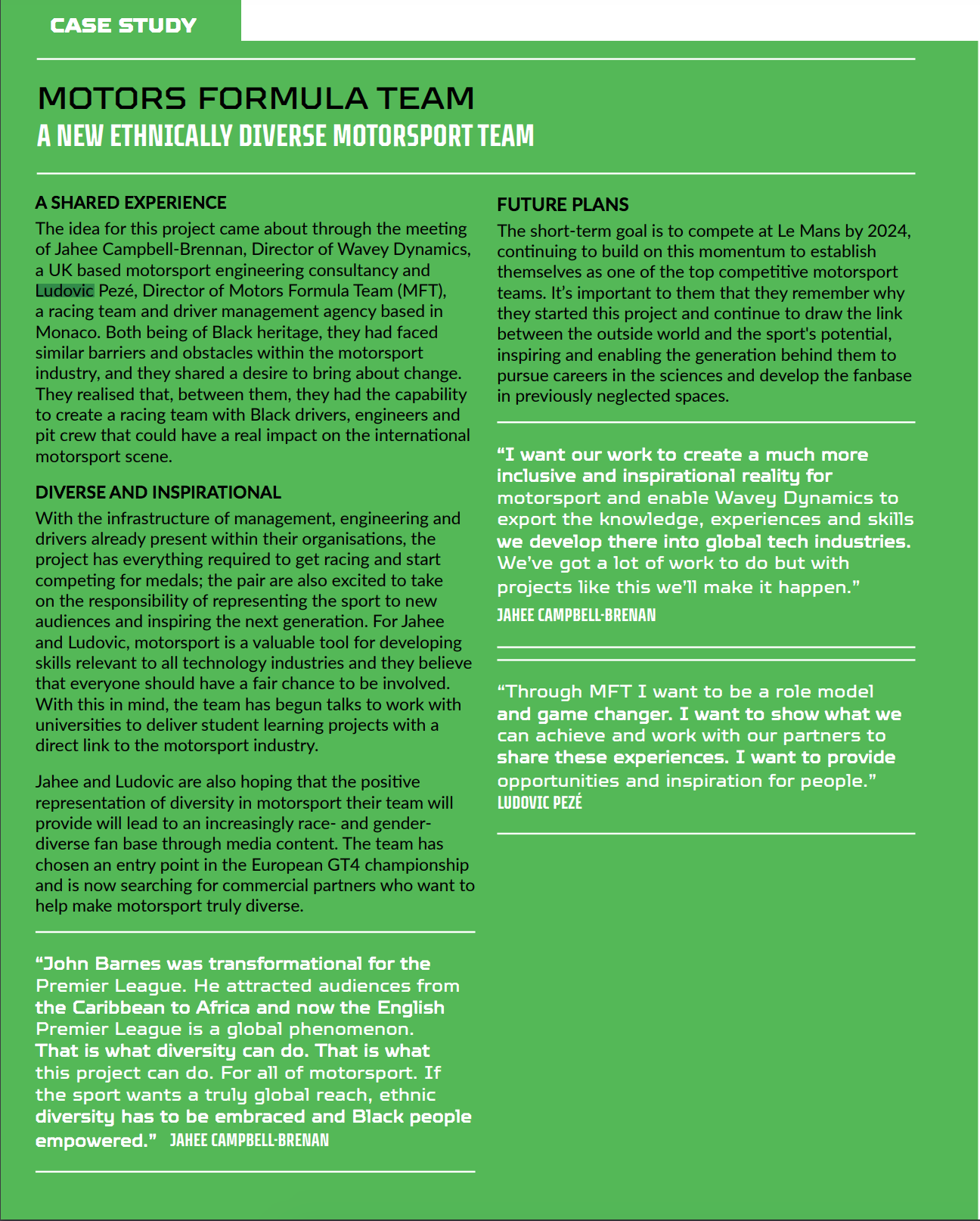Excerpt from the Hamilton Commission Accelerating Change report featuring Wavey Dynamics and MFT Racing as a case study